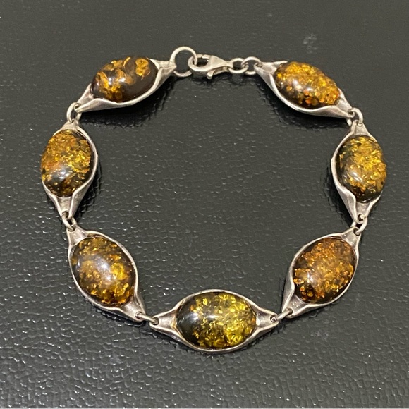 Vintage Mid Century Sterling Baltic AmberCabochon Link 7